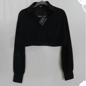 Area Stars Black Cropped Collared Top NWT | Long Sleeve 100% Polyester XS/M
